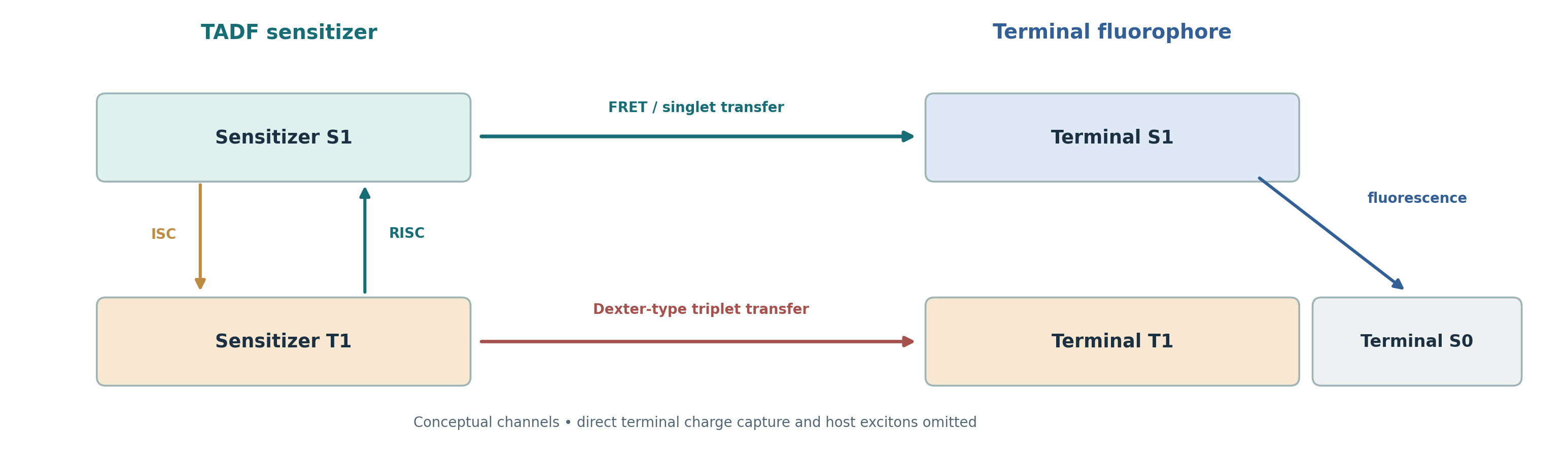 HF mechanism: sensitizer singlet and triplet ISC and RISC, desired singlet FRET into terminal singlet, competing terminal triplet transfer, and terminal fluorescence.